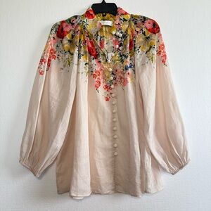 Zimmermann Alight Billow Long Sleeve Blouse 100% Ramie Ivory Floral US 10
